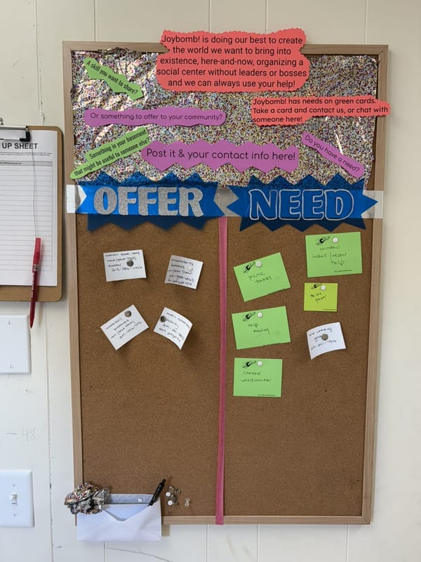 A bulletin board with notecards and basic instructions on how to use the offers and needs board.